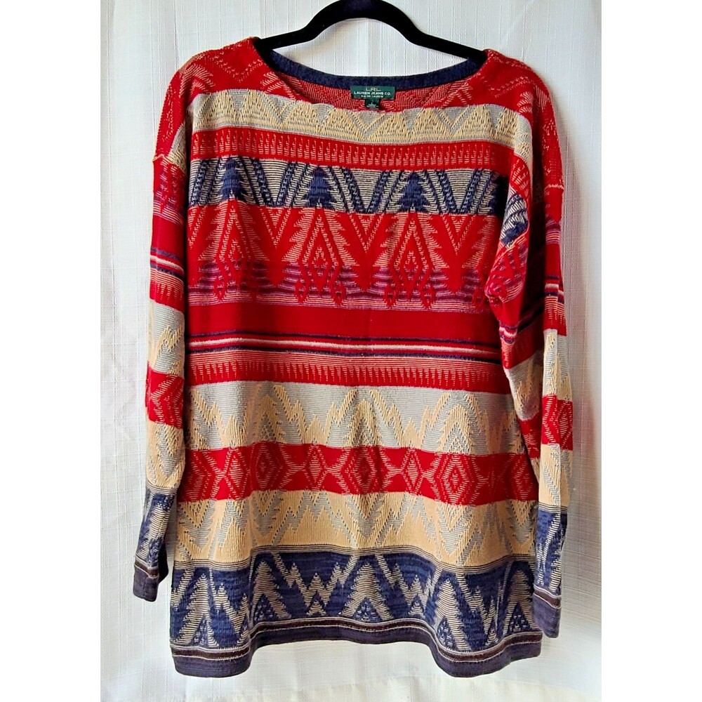 LRL Lauren Ralph Lauren Sweater Womens L Aztec Southwestern Geometric Cotton